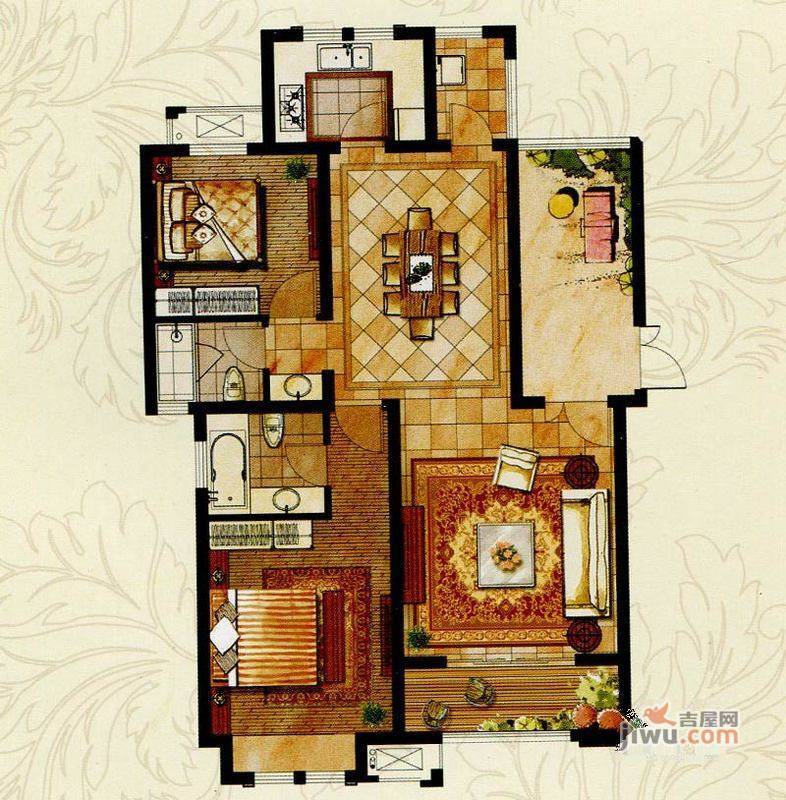 爱家皇家花园2室2厅2卫128㎡户型图