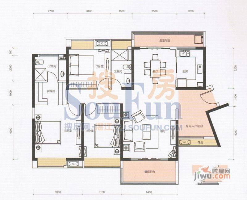 西粤京基城二期3室2厅2卫144㎡户型图