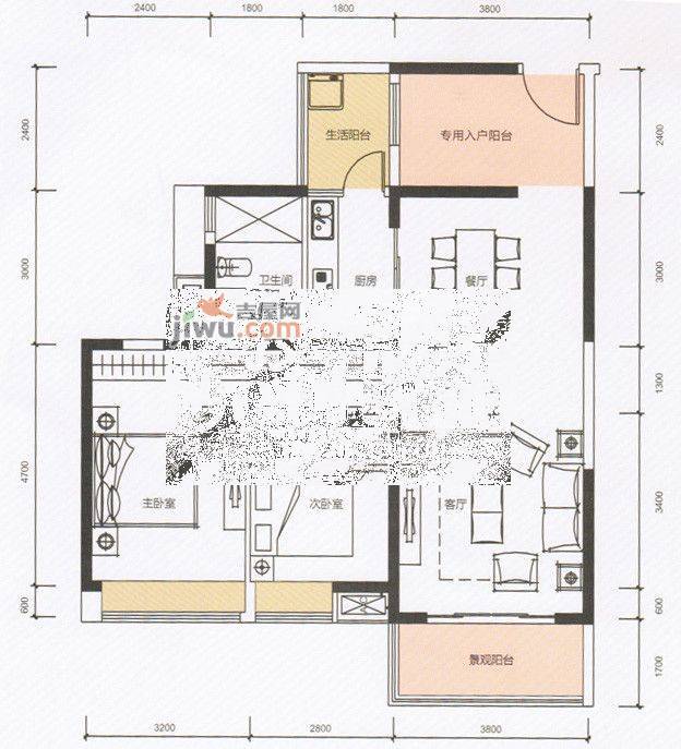 西粤京基城二期2室2厅1卫94㎡户型图