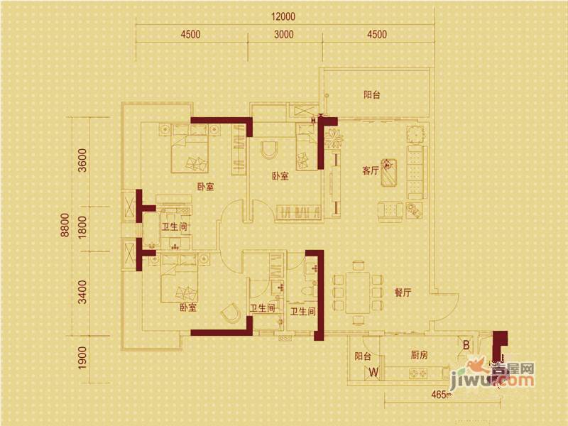 万象金沙湾广场3室2厅3卫137㎡户型图