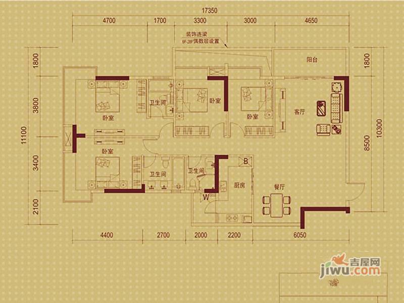 万象金沙湾广场3室2厅3卫137㎡户型图