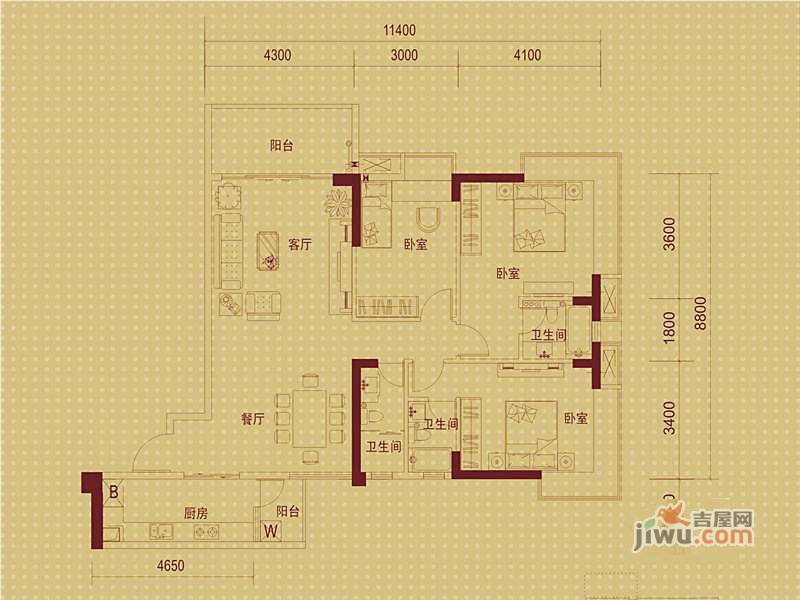 万象金沙湾广场4室2厅3卫168㎡户型图