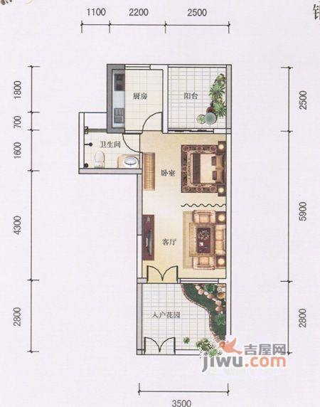 银地绿洲1室1厅1卫46㎡户型图