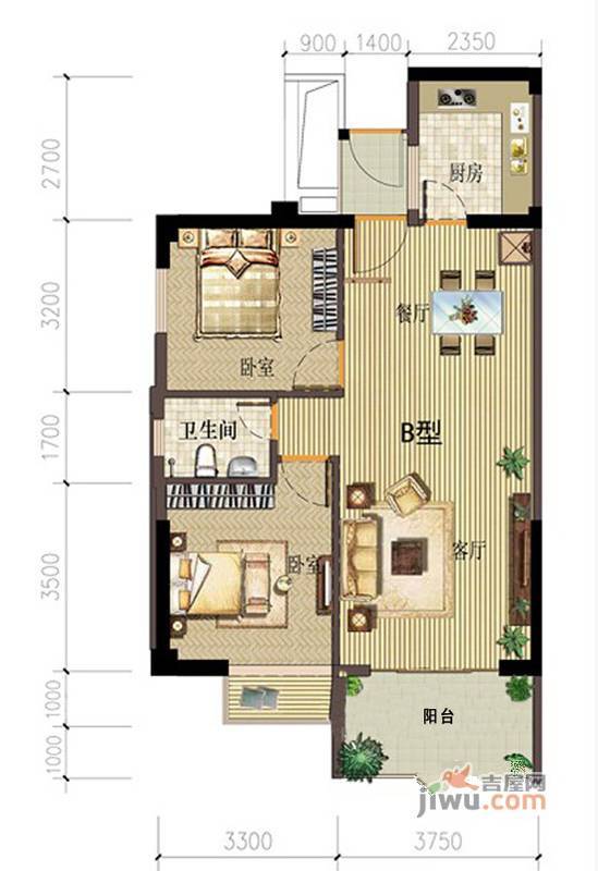 天隆名邸2室2厅1卫85.8㎡户型图