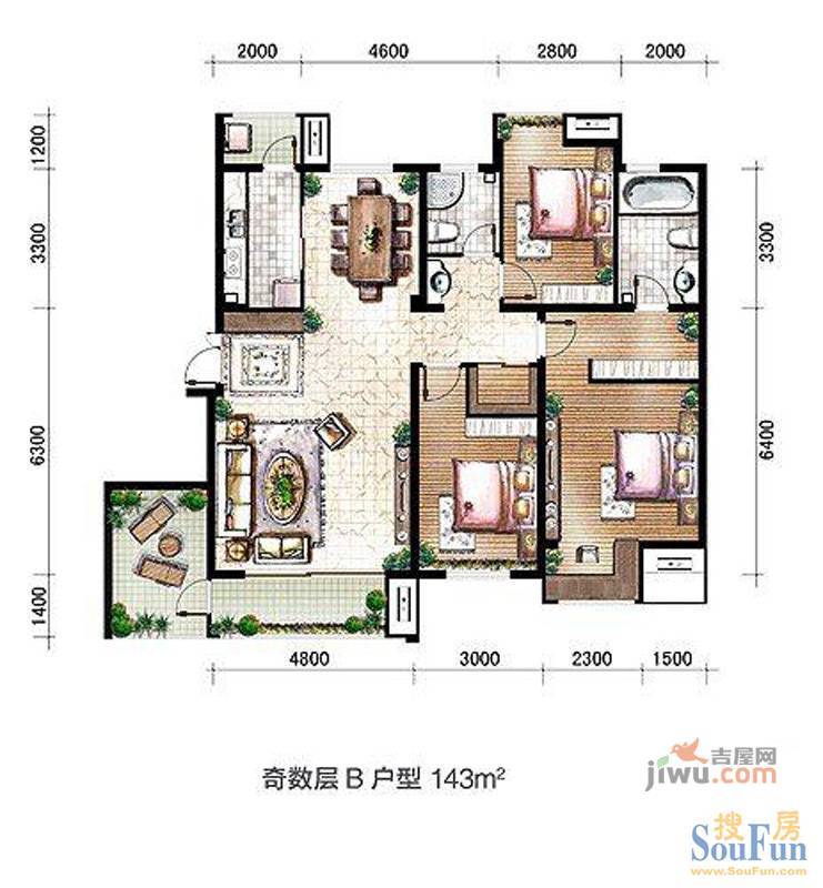 金地国际花园3室2厅2卫143㎡户型图