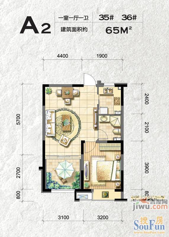 金地国际花园1室1厅1卫65㎡户型图