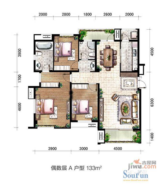 金地国际花园一期2室2厅1卫122㎡户型图