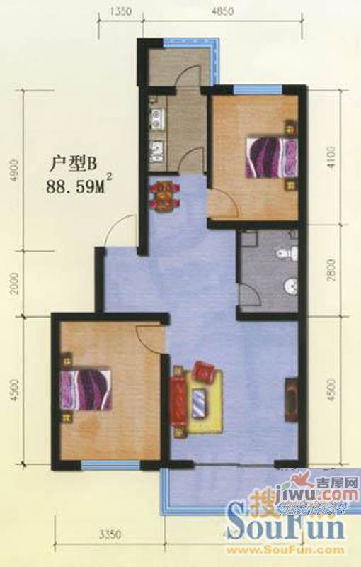 瀛滨寓家园3室2厅1卫88.6㎡户型图