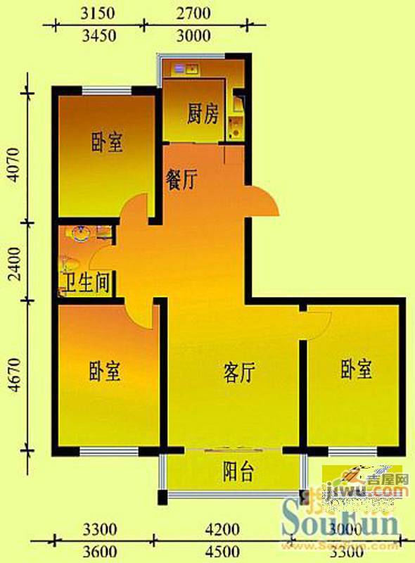 鑫丰又一城2室1厅1卫56.5㎡户型图