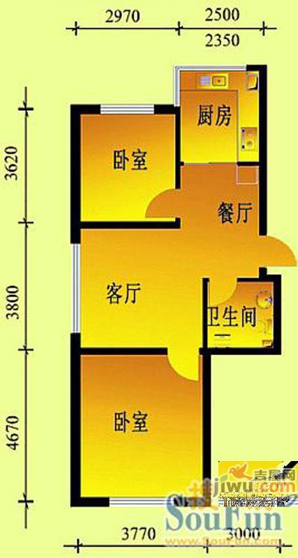 鑫丰又一城2室1厅1卫56.5㎡户型图