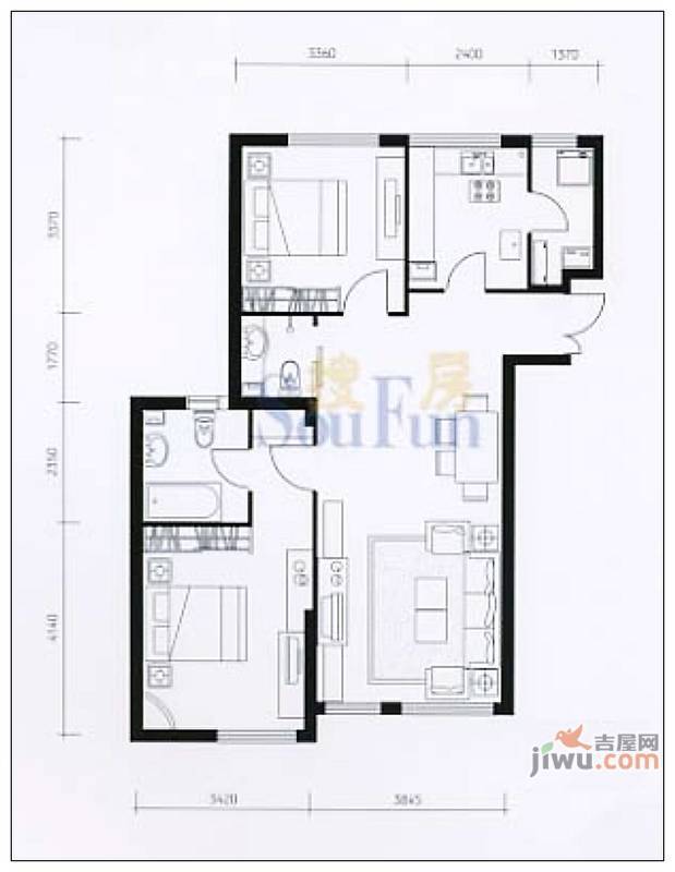 五里河城2室2厅2卫105㎡户型图