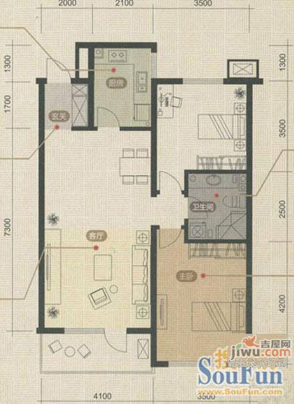 万科魅力之城2室2厅1卫88㎡户型图