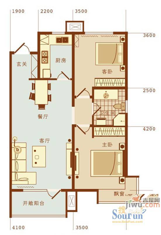 万科魅力之城2室2厅1卫88㎡户型图