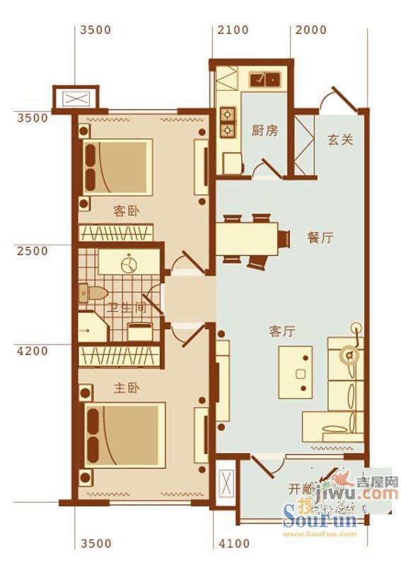 万科魅力之城2室2厅1卫88㎡户型图