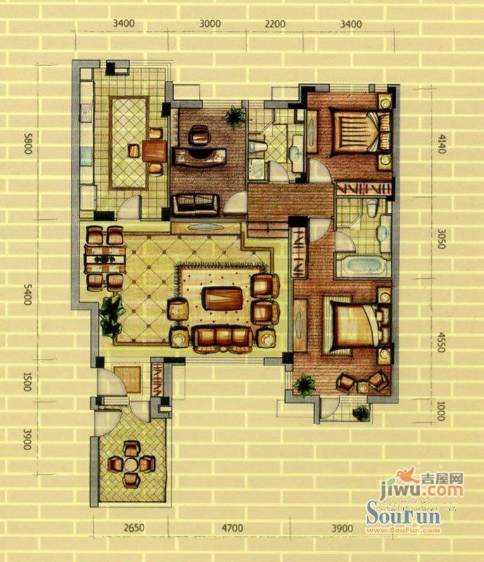 万科魅力之城2室2厅1卫88㎡户型图