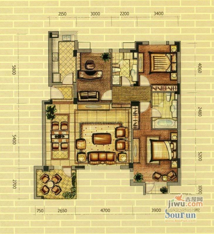 万科魅力之城2室2厅1卫88㎡户型图