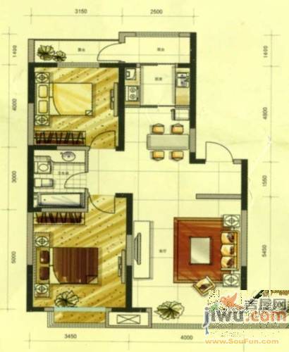 城建乾元2室2厅1卫100㎡户型图