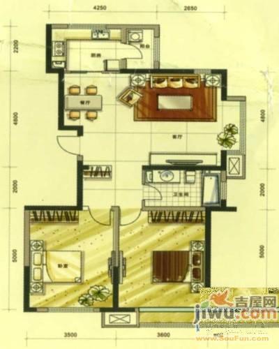 城建乾元2室2厅1卫100㎡户型图