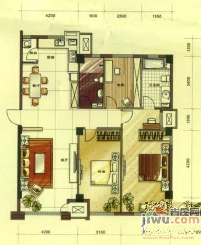 城建乾元2室2厅1卫100㎡户型图