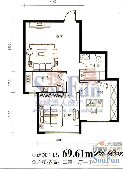 万丰王子公寓1室1厅1卫41.7㎡户型图