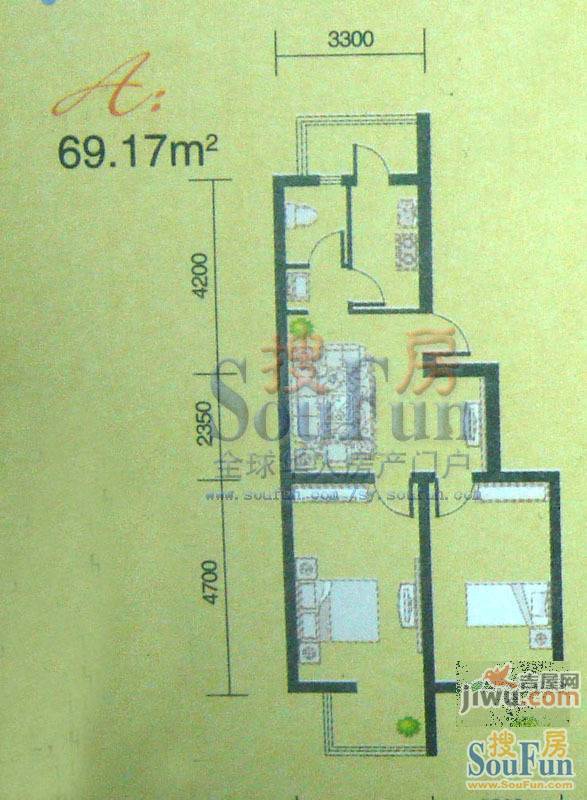 万泉枫景2室1厅1卫69.2㎡户型图