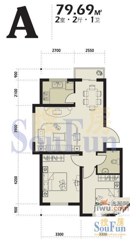 博客地带1室2厅1卫66.6㎡户型图