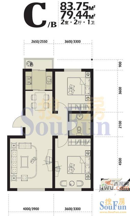 博客地带1室2厅1卫66.6㎡户型图