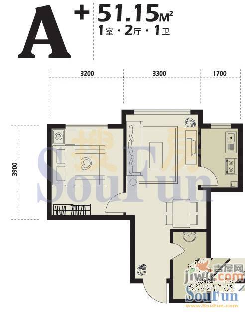 博客地带1室2厅1卫66.6㎡户型图