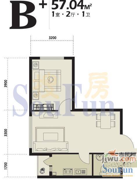 博客地带1室2厅1卫66.6㎡户型图