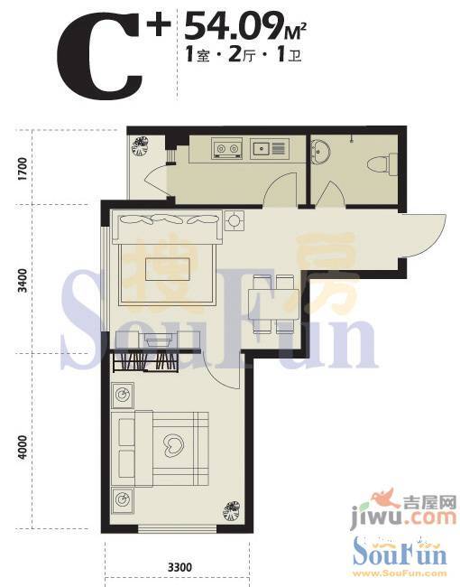 博客地带1室2厅1卫66.6㎡户型图