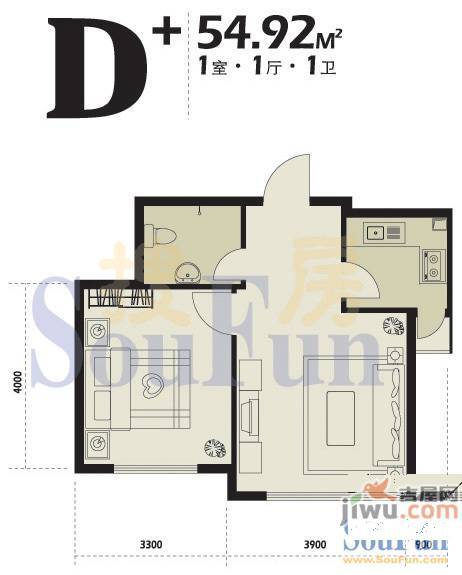 博客地带1室2厅1卫66.6㎡户型图