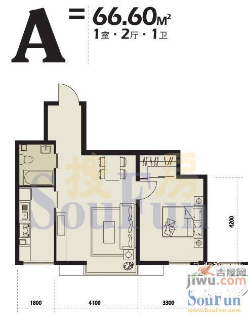 博客地带1室2厅1卫66.6㎡户型图
