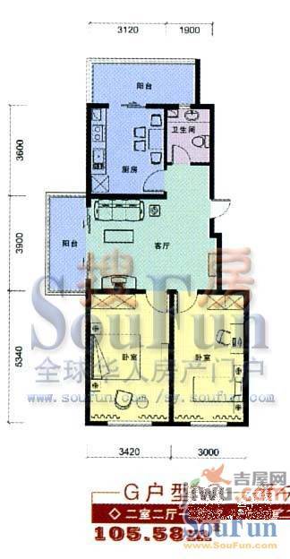 豪景花园2室2厅1卫76.6㎡户型图