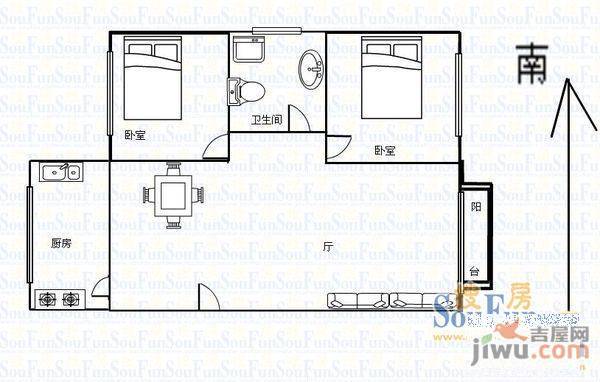 世隆小区2室1厅1卫56㎡户型图