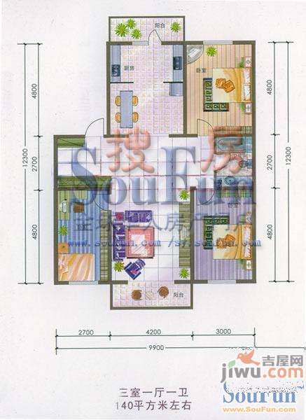 长白苑1室2厅1卫60㎡户型图