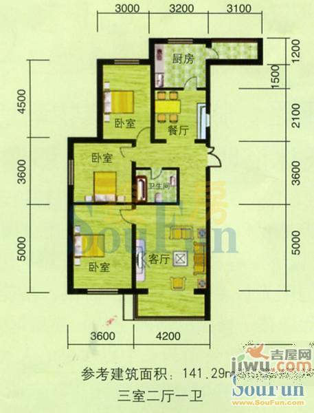 嘉禾花园(和平)2室2厅1卫107.8㎡户型图