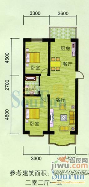 嘉禾花园(和平)2室2厅1卫107.8㎡户型图