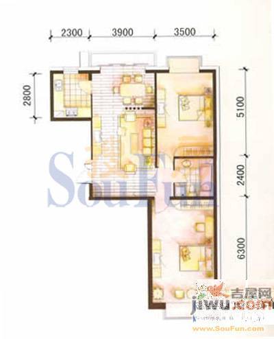 中润国际大厦3室2厅1卫124.3㎡户型图