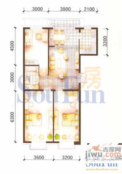 中润国际大厦3室2厅1卫124.3㎡户型图