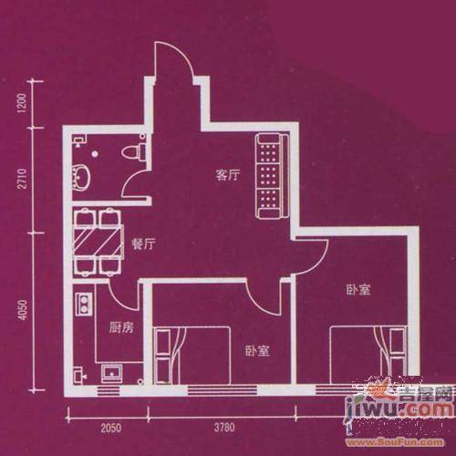 浪漫满屋2室2厅1卫95㎡户型图