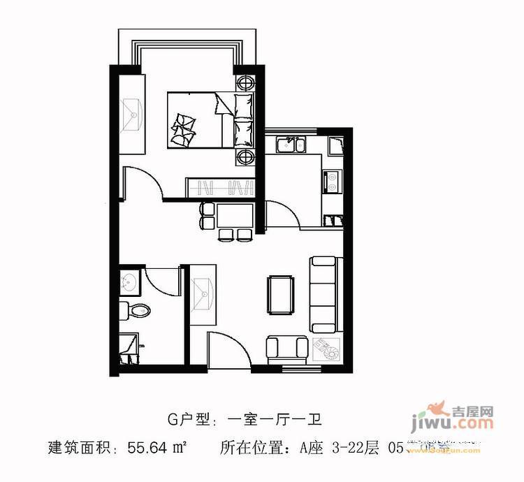 海悦国际1室0厅1卫49㎡户型图