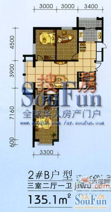 昊天家园3室2厅1卫134.2㎡户型图