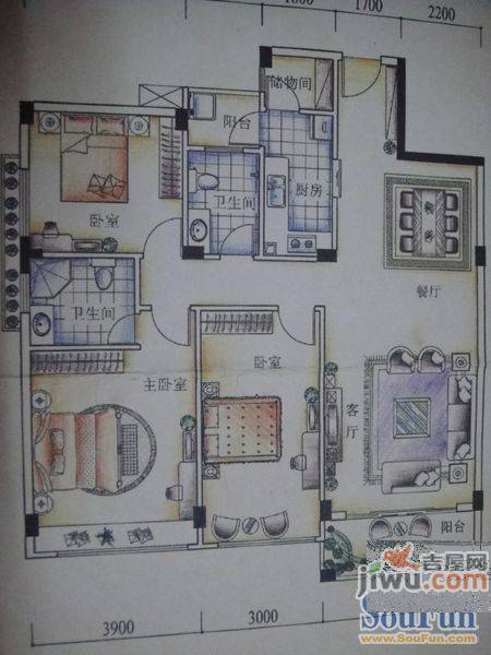 富甲天下2室2厅1卫100㎡户型图