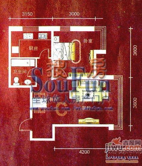 青城1室2厅1卫57.7㎡户型图