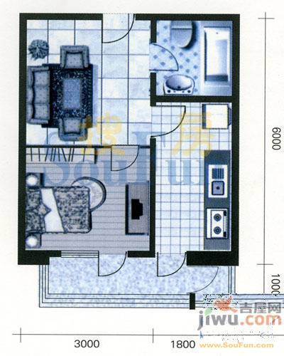 青城1室2厅1卫57.7㎡户型图