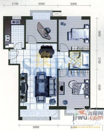 青城1室2厅1卫57.7㎡户型图