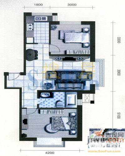 青城1室2厅1卫57.7㎡户型图