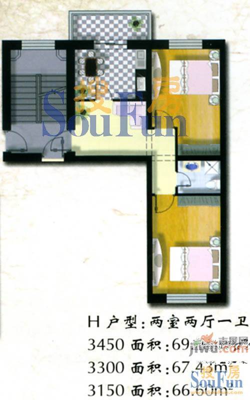 沈新园2室1厅1卫74.6㎡户型图