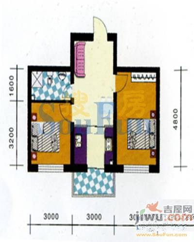 艳粉新城2室1厅1卫65.3㎡户型图