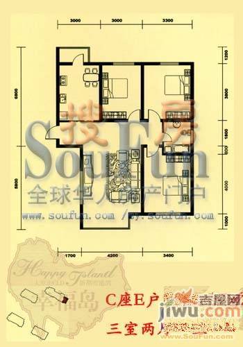 幸福岛1室2厅1卫54.8㎡户型图